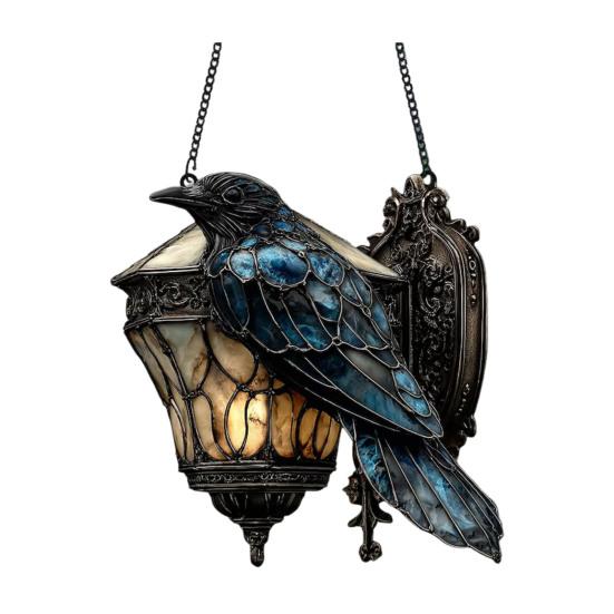 Raven On Lantern Acrylic Suncatcher Faux Stained Glass Window Wall Hanging Ornament Gothic Crow On Lamp Halloween Decor for Dark Academia Home Decor