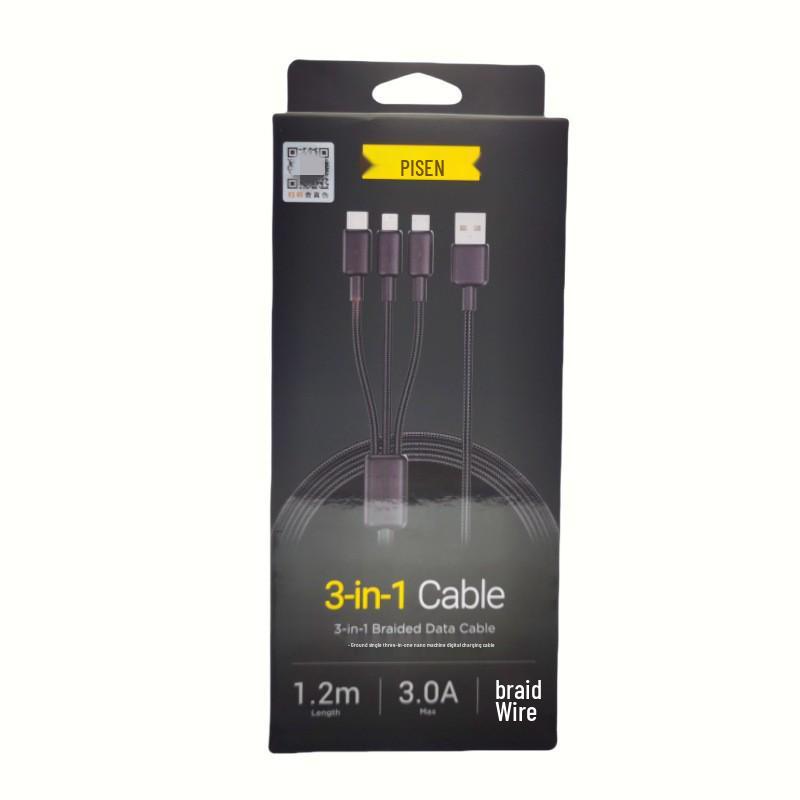 Pisen 100W USB-C 3-in-1 Braided Fast Charging Cable, Customizable with Logo.