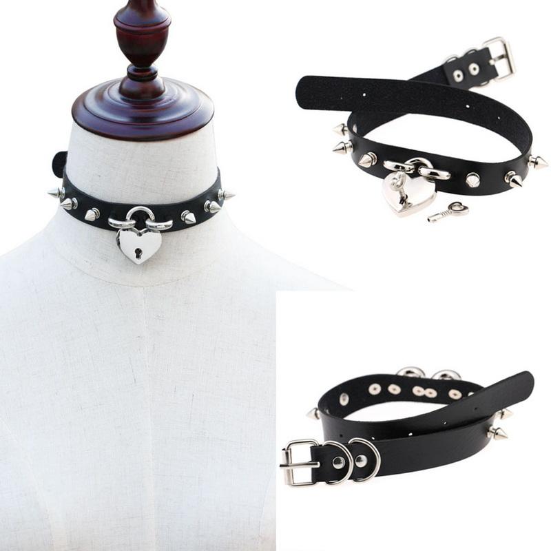 Choker Collar Necklace Openable Lover Heart Lock Key Padlock Charms PU Leather Punk Gothic Lolita Collar Necklaces Goth Jewelry Valentines Couple