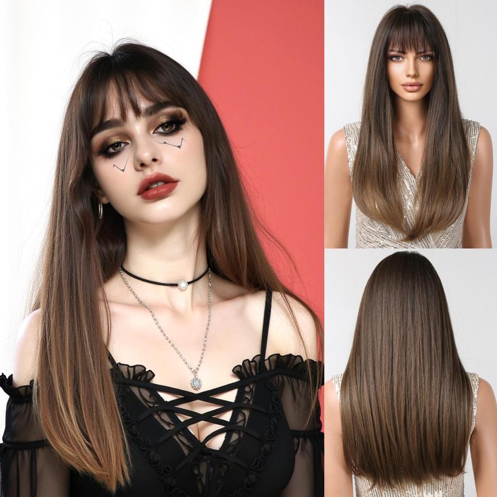 ALAN  EATON Brown Black Highlight Watermelon Red Synthetic Wig Long Straight Multicolor WIg with Bangs Hollywood Cosplay Wig For Women Party