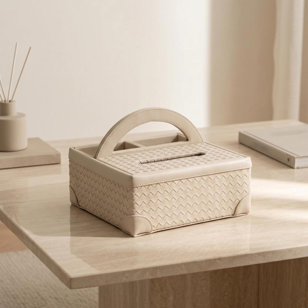 Tabletop Tissue Holder Woven Dispenser Box LeatherLike Apricot