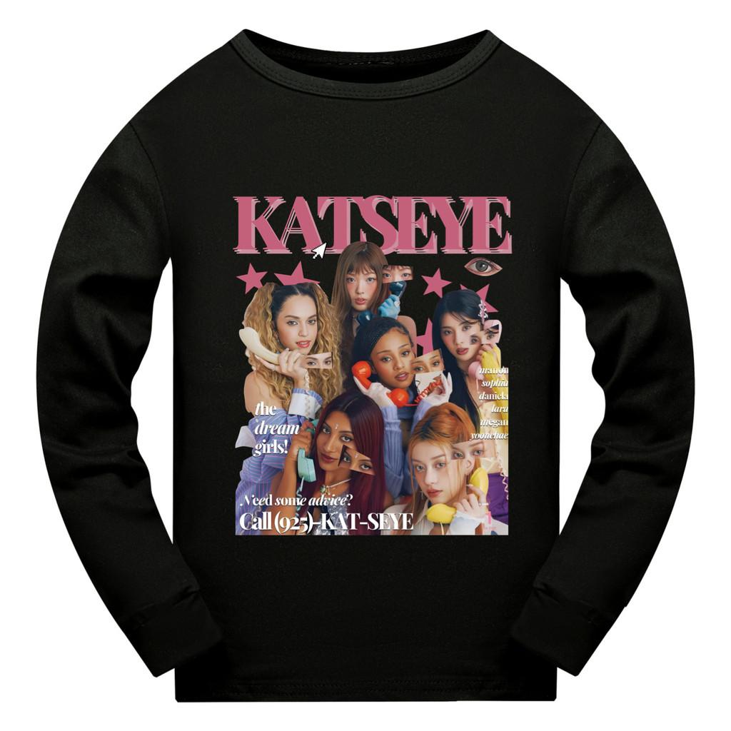 

5303 Дитяча футболка для дівчат KATSEYE з принтом, довгий рукав, звичайний крій 140cm чорний