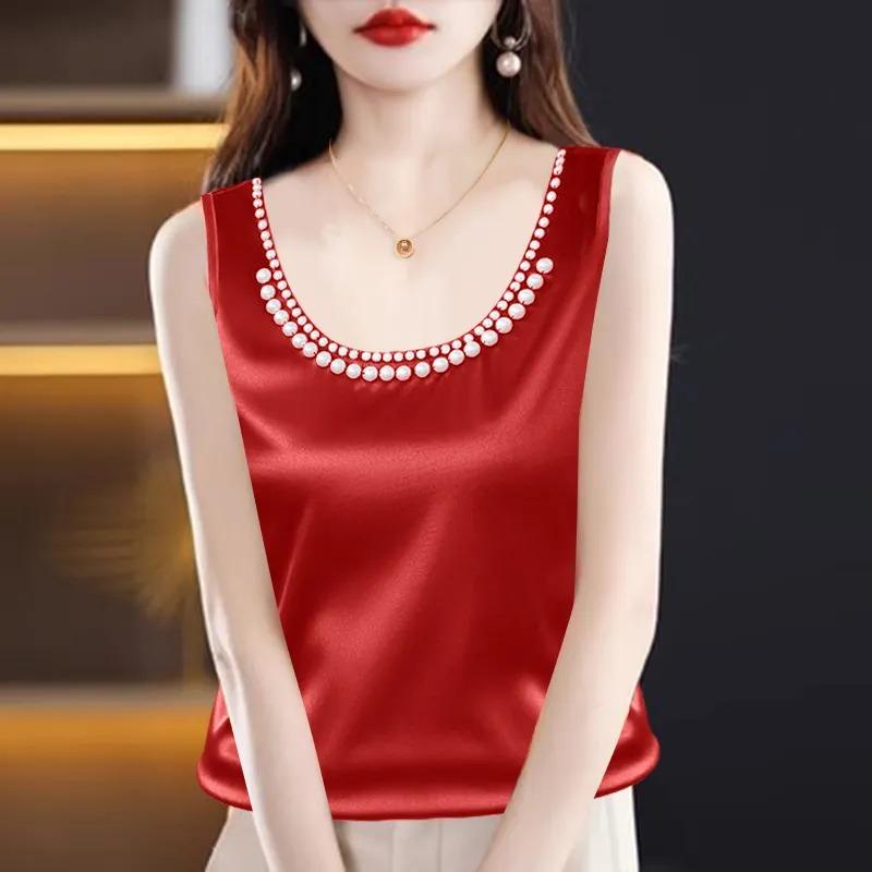 Women's Satin Tank Top - Pearl Embellished U-Neck Sleeveless Blouse