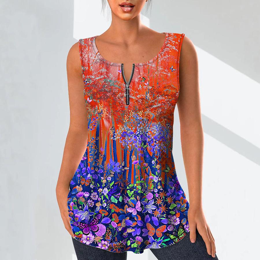 Women's Fashion V Neck Shirts Casual Tops T-shirt Ladies 3D Beautiful Forest Print Vest Plus Size Sleeveless Blouse Tank Tops