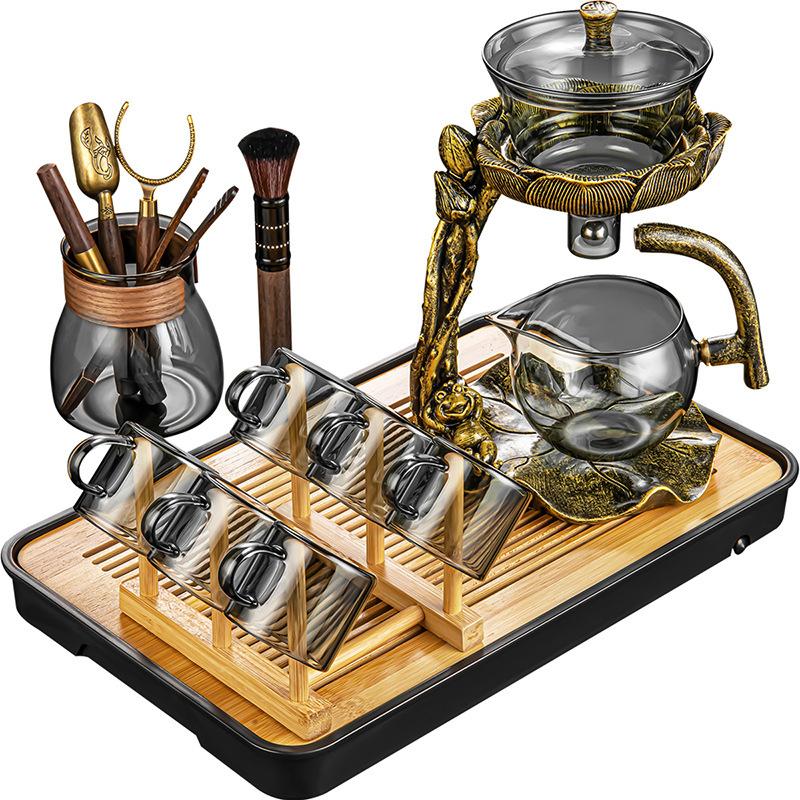 New Chinese Style Glass Lotus Autumn Light Lazy Automatic Teaware Set Business Gift High Borosilicate Glass Tea Maker