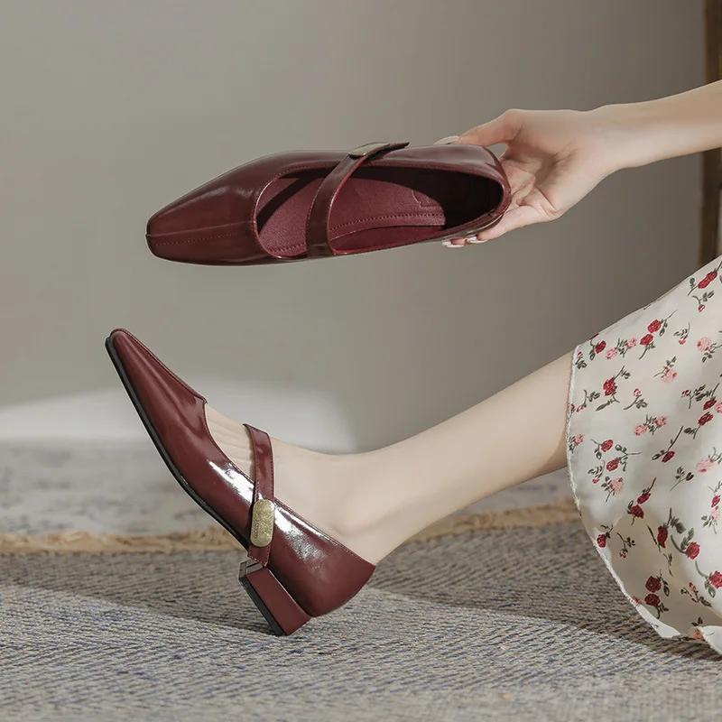 Square Toe Shoes Spring&Autumn Women's Pointed Toe Ladies One-word Buckle Shoes Retro Elegant Leather Shoes