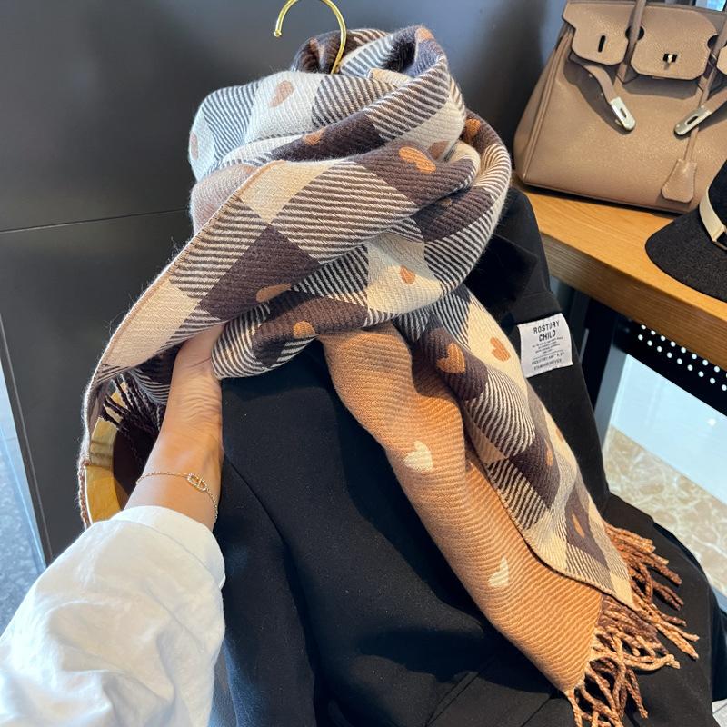 Autumn and winter new imitation cashmere love plaid scarf women's winter thickened warm shawl fashionable versatile knitted scarf