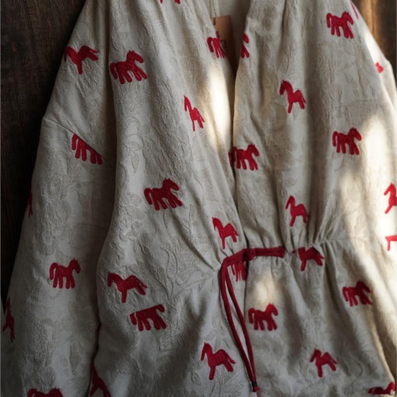 Johnature Women Vintage Jacquard Coats Spring Chinese Style Print Horse V-Neck Long Sleeve Coats