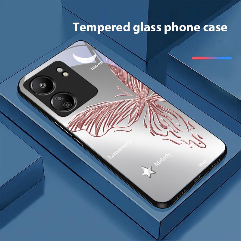 Metallic Butterfly For Xiaomi Redmi 13C Note13 12 Pro Plus 5G Note 9 13T Pro POCO X6 F5 F6 Black Tempered Glass Phone Case