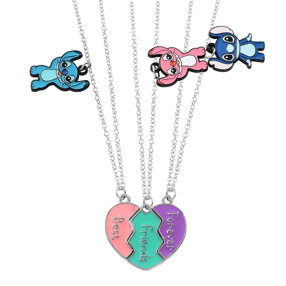 Stitch BFF Necklace Trio Cute Matching Heart Pendants for Sisters Best Friends & Couples