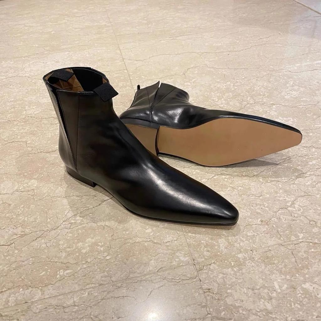 Fashion Retro Short Boots Women's Autumn/Winter Genuine Leather Pointed Chelsea Boots Womens Flat Bare shoes for Women Thin shoes Women