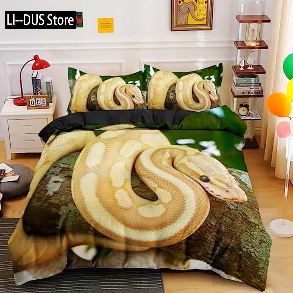 3D Snake Duvet Cover Green Snake Duvet Cover 3D Reptile Print Bedding Set Wild Animal Quilt Cover For Room Decor Women Men Teen