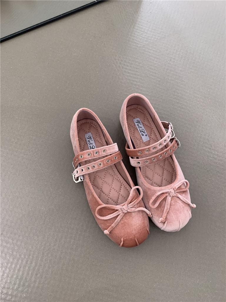 Fashion Double Rivet Buckle Strap Ballets Shoes Women Soft Velvet Flats Bowtie Mary Janes Ladies Brides Round Toe Pink Ballerinas Shoes