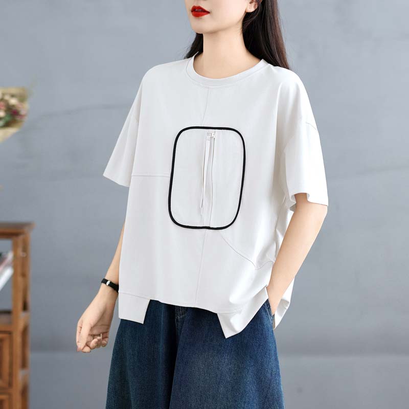 DIMANAF 2025 Summer Plus Size T-Shirt Asymmetrical Women Short Sleeve O-Neck Short Loose Solid Tops Tees