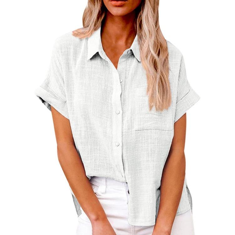 Casual Loose Women Shirt Short Sleeve Lapel Button Down Top With Pocket Tshirt Fashion Color