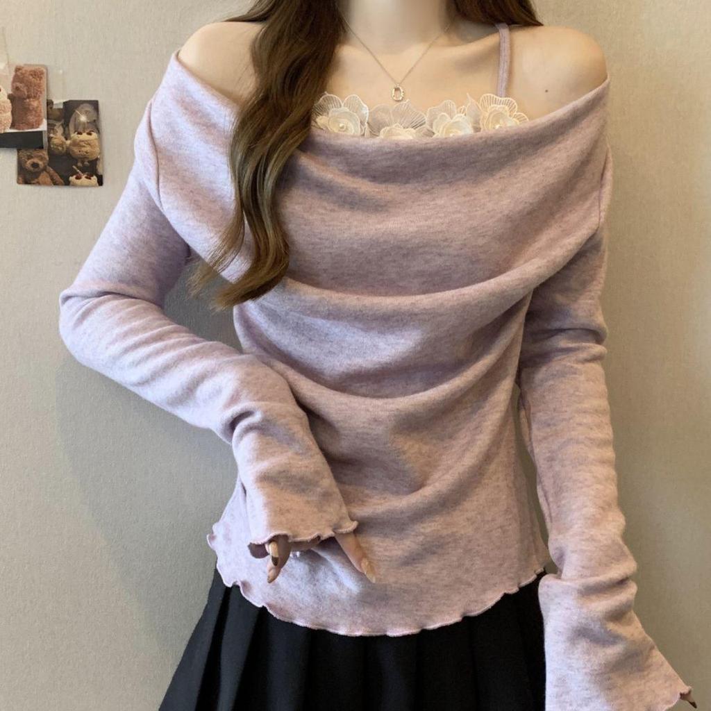 Plus Size Velvet Patchwork One-Shoulder Lace Long Sleeve T-shirt for Women - Slimming & Flaw-Hiding Spring/Autumn Base Layer