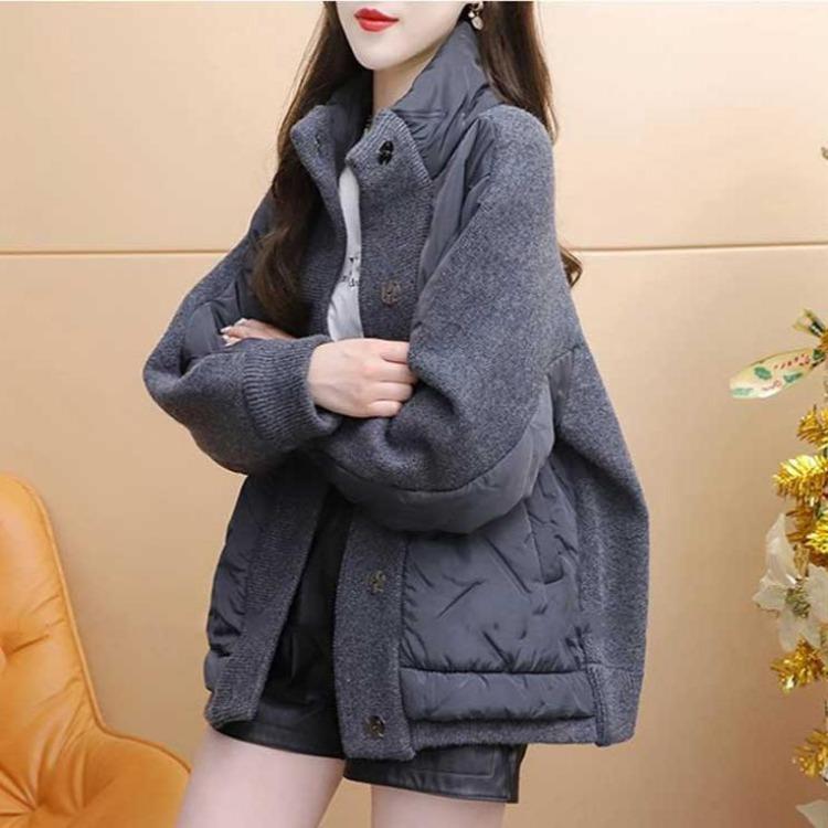 

New Winter Women Knitted Sweater Coat Patchwork Wadded Loose Jacket Fake Two Piece Style One Size серый