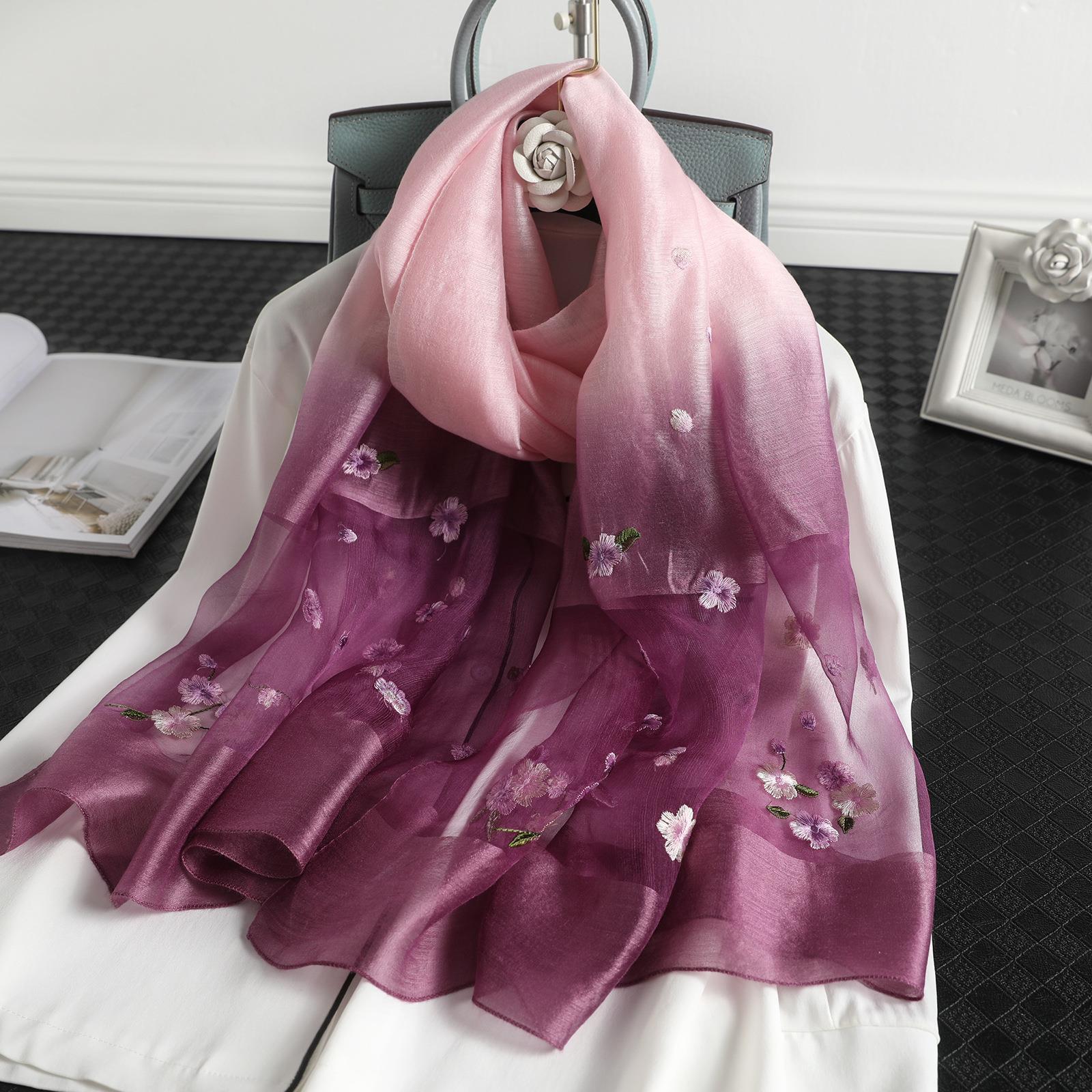 

Женский шелковый и шерстяной градиентный вышитый шарф - модная солнцезащитная шаль 70x190 cm