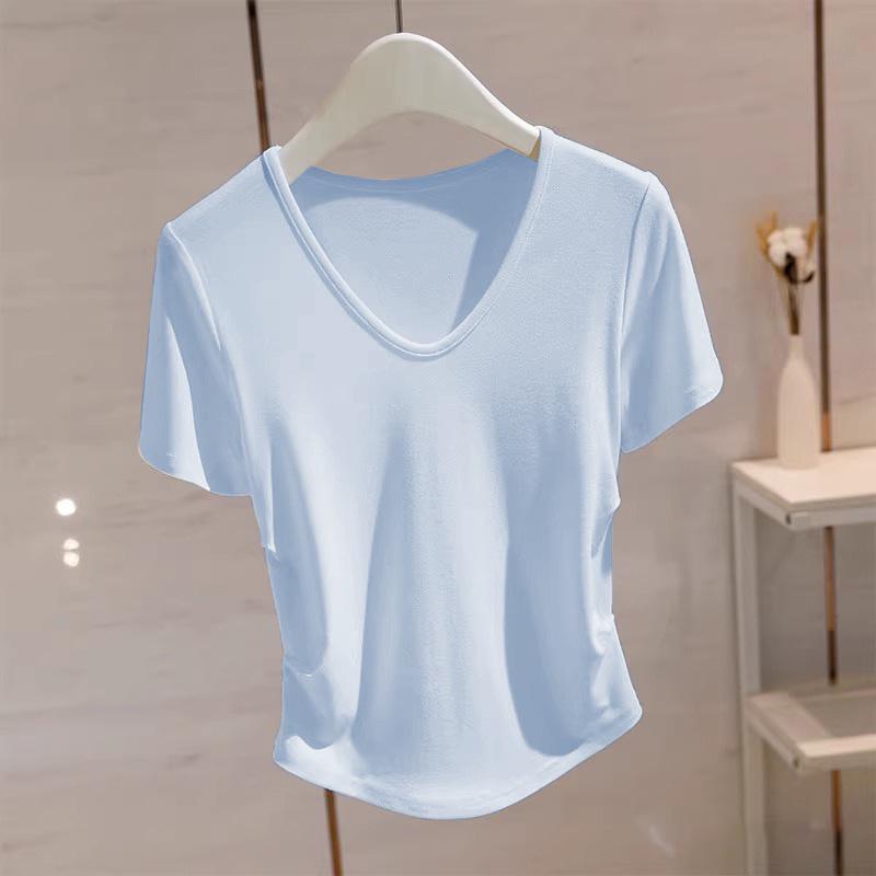 

Женский топ с V-образным вырезом из модала, с короткими рукавами и двусторонней драпировкой на талии для стройнящего эффекта XL синий