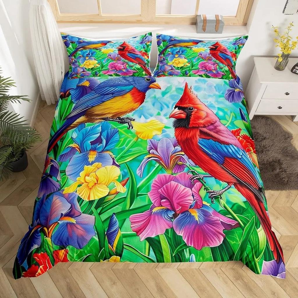 Ložní souprava Red Cardinals King Queen Size Akvarelové šišky Přikrývka Roztomilí ptáčci Povlak na přikrývku Romantická láska Povlak na prošívanou deku