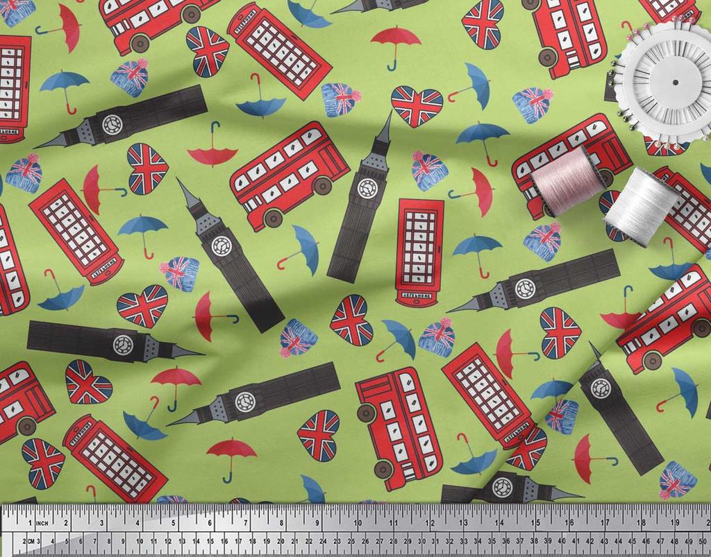 Soimoi Japan Crepe Satin Fabric Bus,Telephone Booth & London Clock Tower Architectural Print Sewing Fabric Metre 42 Inch