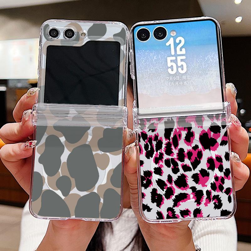 Custodia Stampa Leopardo Per Samsung Z Flip 8 7 6 5 4 Magnetica Per Magsafe Trasparente PC Rigido Pieghevole Copertura Per Telefono Per Galaxy Z Flip8 Flip7 Flip6