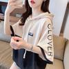 Dam Kortärmad Huvtröja Plus Size Patchwork T-shirts Koreansk Stil Lös Topp Oversized Sweatshirt