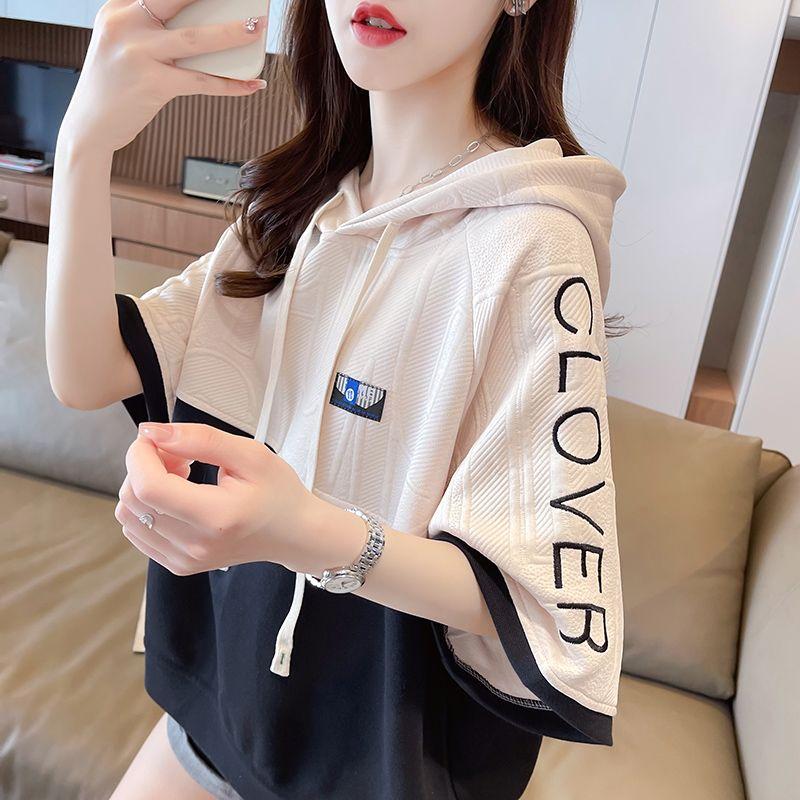Dam Kortärmad Huvtröja Plus Size Patchwork T-shirts Koreansk Stil Lös Topp Oversized Sweatshirt