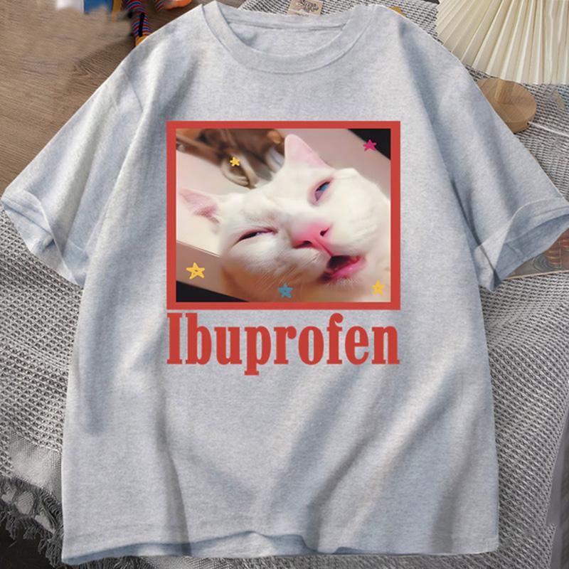 Ibuprofen Cat Meme Tshirt Funny Cat Graphic Tee Cute Cat Lover Cotton T-Shirt Casual Funny T Shirts Unisex Oversized Tshirt Tee