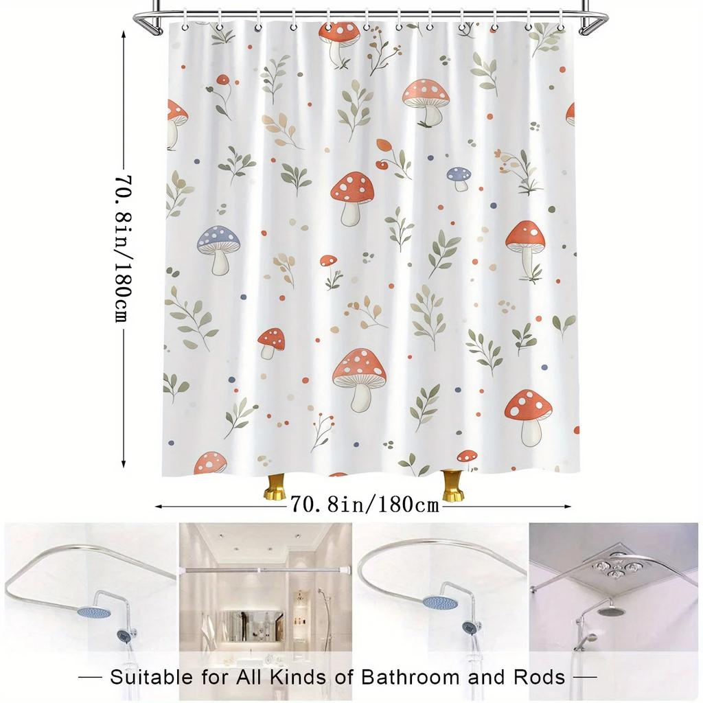 Whimsical Mushroom & Plant Shower Curtain - Watercolor Nature Design, White Background, Machine Washable, Bathroom Decor
