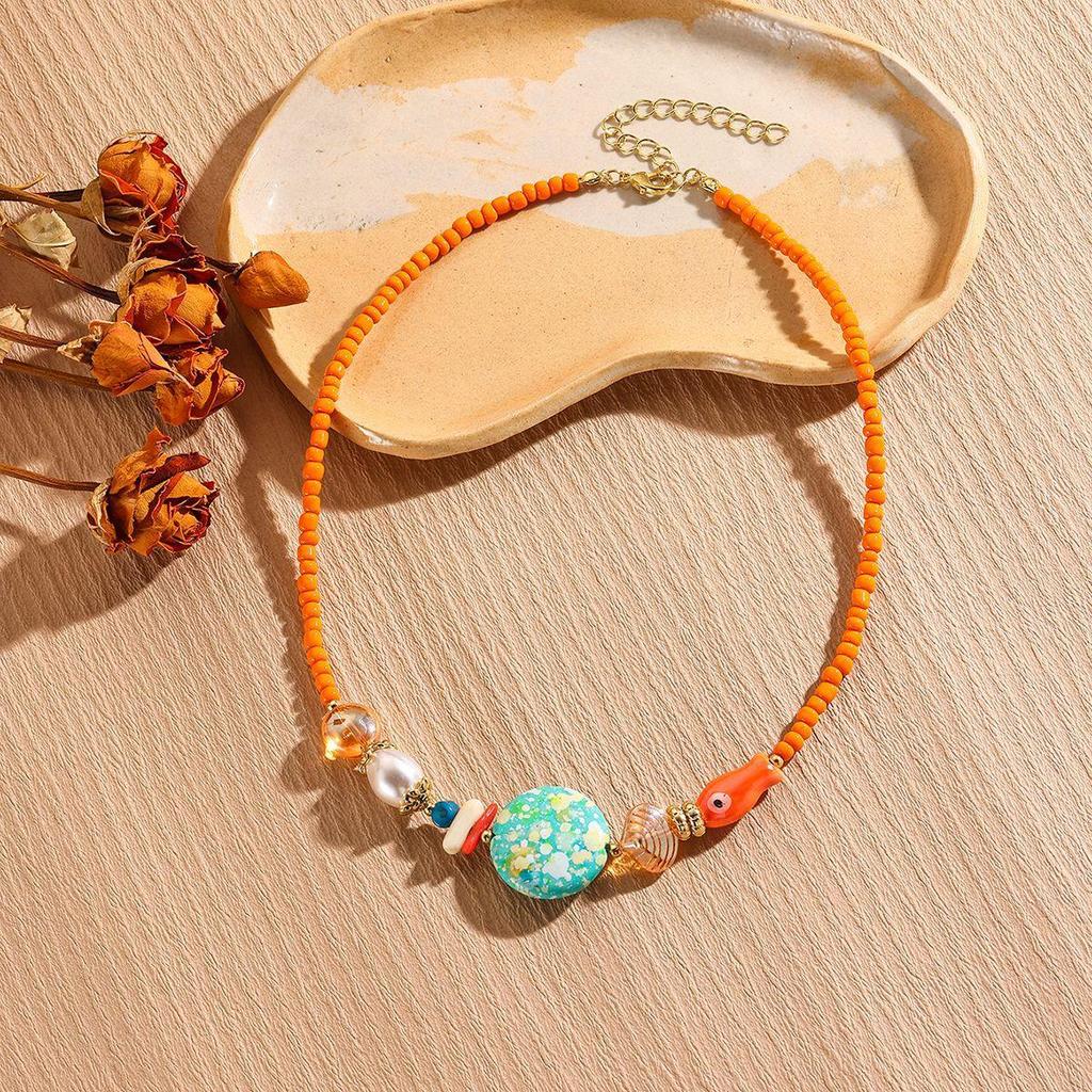 Color Blocked Bead Collarbone Chain Ocean Design Ceramic Necklace Small Fish Bohemian Necklace for Women