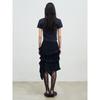 Anggae Cable Slit Neck Shortsleeve Pullover Navy