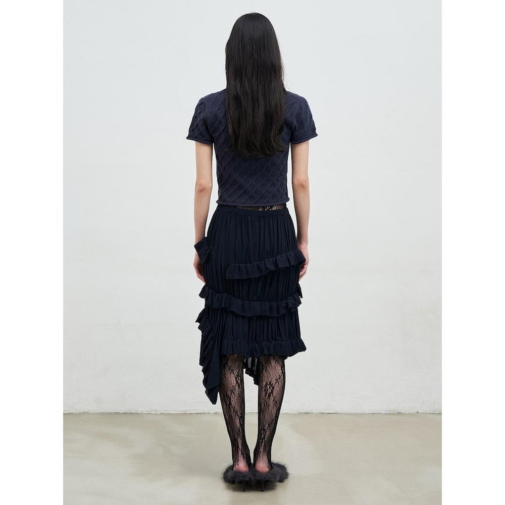 Anggae Cable Slit Neck Shortsleeve Pullover Navy