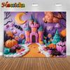 Mocsicka Halloween Purple Castle Background Moon Forest Pumpkin Party Banner Chocolate Lollipop Candy Decorations Photo Backdrop