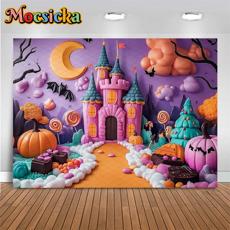 Mocsicka Halloween Purple Castle Background Moon Forest Pumpkin Party Banner Chocolate Lollipop Candy Decorations Photo Backdrop