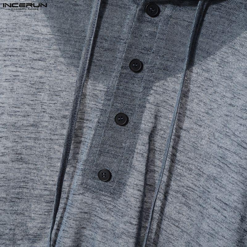 INCERUN Oversized Men Long Sleeve Transparent Loose Drawstring Hooded Tops T-shirts