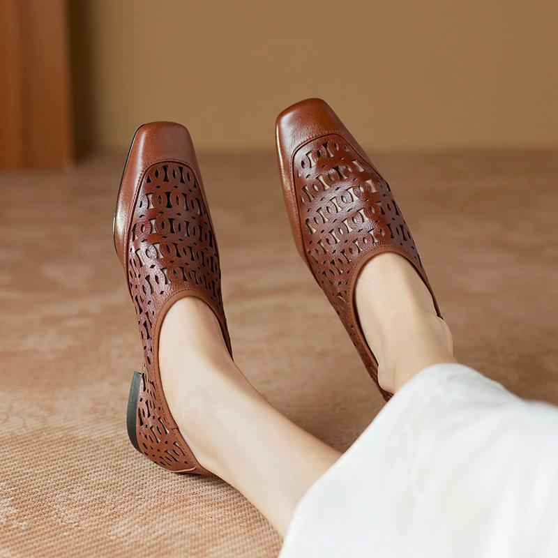 Fashion Design Women Pumps Low Heels Square Toe Genuine Leather Spring Summer Concise Office Lady Working Hollow Out Shoes Woman