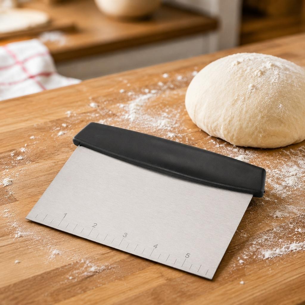 Stainless Steel Dough Scraper with Flat Blade and Measurement Markings for Baking and Cooking Kitchen Tool with Comfortable Handle