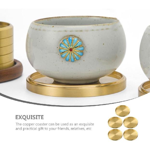 HEMOTON 5 Pack Round Coasters, 2.6 Inch Golden Brass Coasters for Drinks, Glass Cup Coasters Set, Protection Tabletop,Countertop and Surfaces from