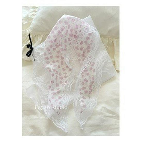 Beige Floral French Lace Triangle Scarf: Versatile Headscarf, Hairband, or Bag Accessory
