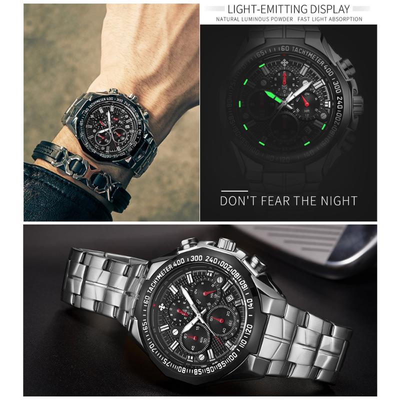Top Brand Luxury Sport Watch For Men Quartz Chronograph Date Luminous Full Steel Wrist Watch