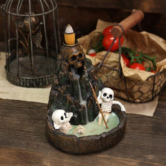 Halloween Skull Mountain Backflow Incense Burner Waterfall Incense Holder with 12 Incense Cones And Stick Resin Aromatherapy Holder for Gothic