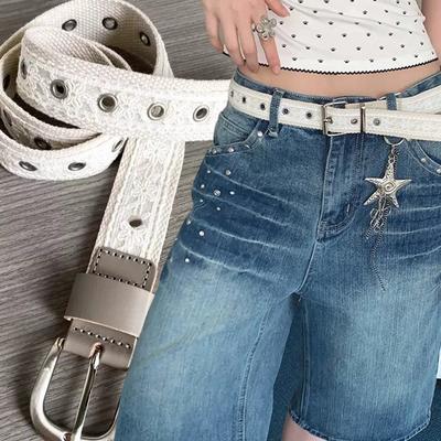 New Vintage White Lace Canvas Belt for Women Female Fashion Metal Buckle Decorative Waistband Retro Jean Korean Ins Accessories
