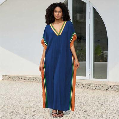 Chic V-neck Plus Size Kaftan Long Beach Dress 2024 Women Summer Holiday Beachwear Swimsuit Cover Up Loose Cozy House Robe Q1615