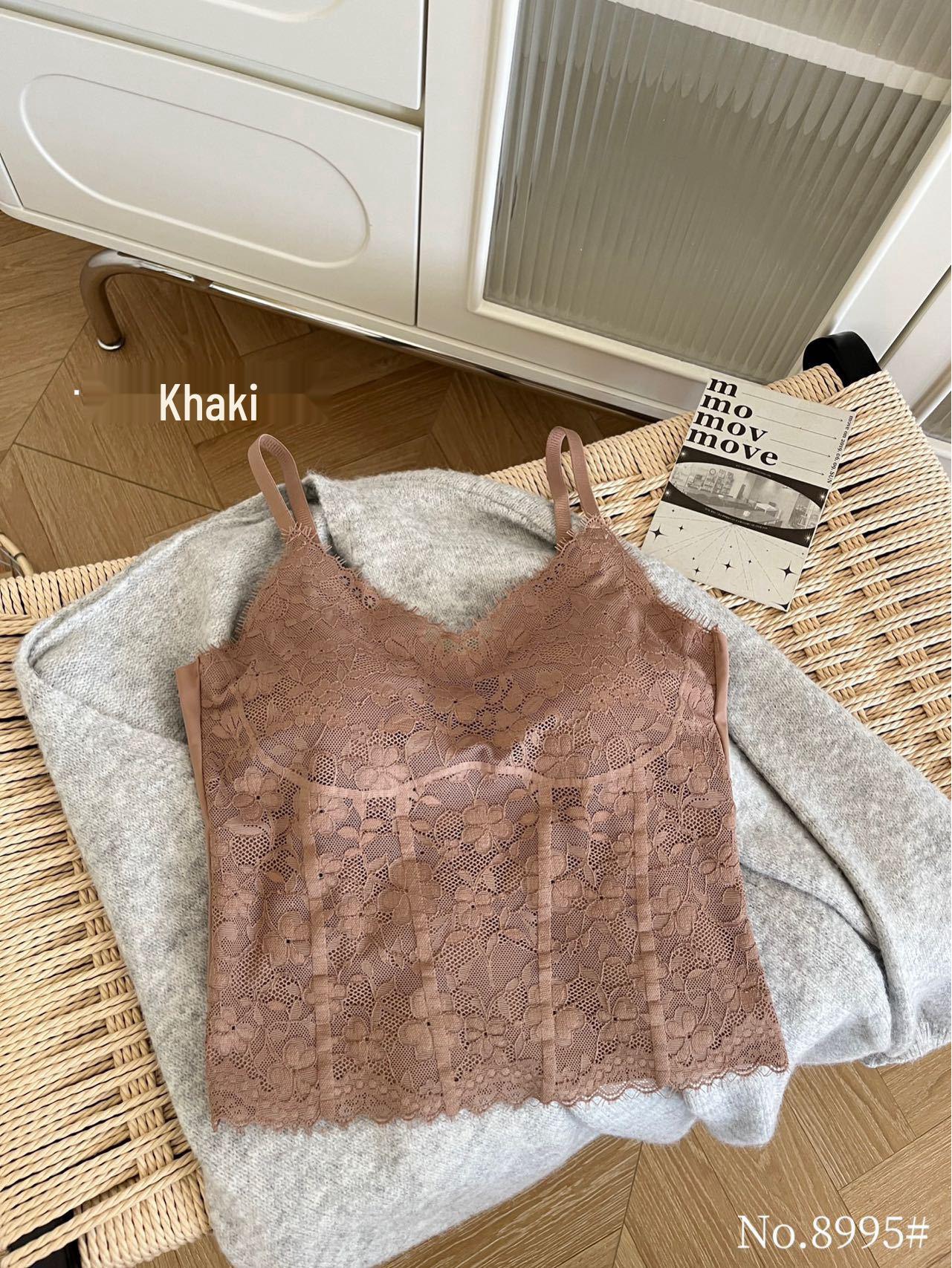 

Women s Seamless French Lace Camisole with Padded Cups - Versatile Inner or Outer Wear Lingerie L [110-140] хаки