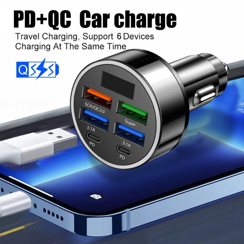 Nabíječka do auta s digitálním displejem 6v1 Podpora 4USB+2PD Super rychlé nabíjení DC12-24V Multiportová nabíječka pro mobilní telefon s digitálním displejem