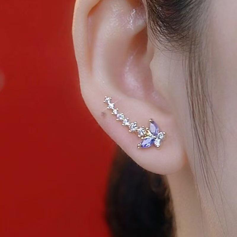 Niche Design Purple Crystal Butterfly Stud Earrings: Exquisite, Fashionable, Versatile High-End Jewelry for Women