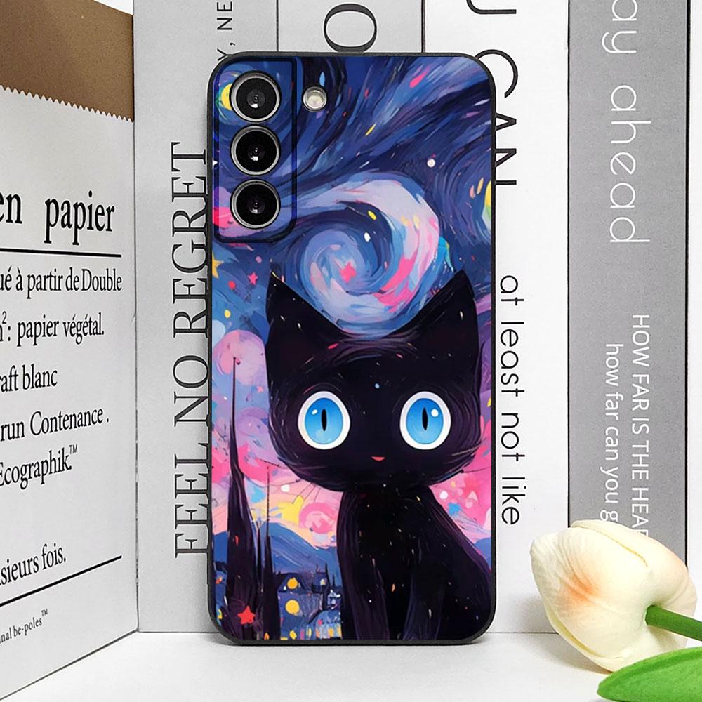 Künstlerische Schwarze Katze Sternennacht Handyhülle für Samsung S24 S23 S22 S21 S20FE Plus Ultra Cover für Samsung Galaxy S25 Edge Fundas