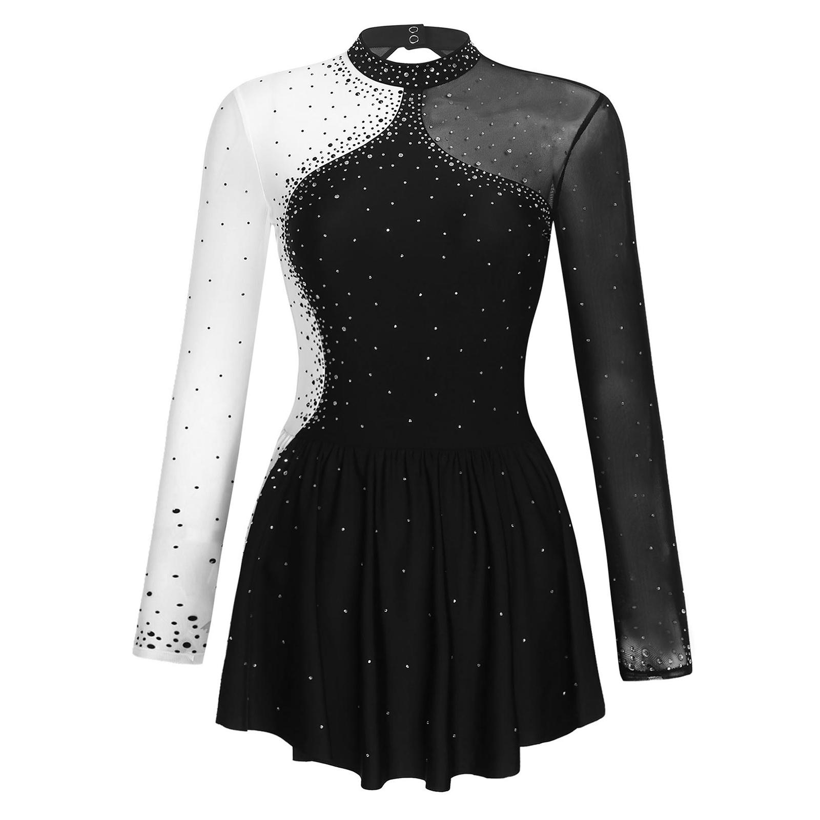 

Womens Sparkly Rhinestone Figure Skating Dress Sheer Mesh Patchwork Long Sleeve Mock Neck Performance Gown M
