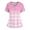 Women's Loose Short Sleeved Fashionable Square Printing V-neck Buttonable Side Slit Top T-shirt
